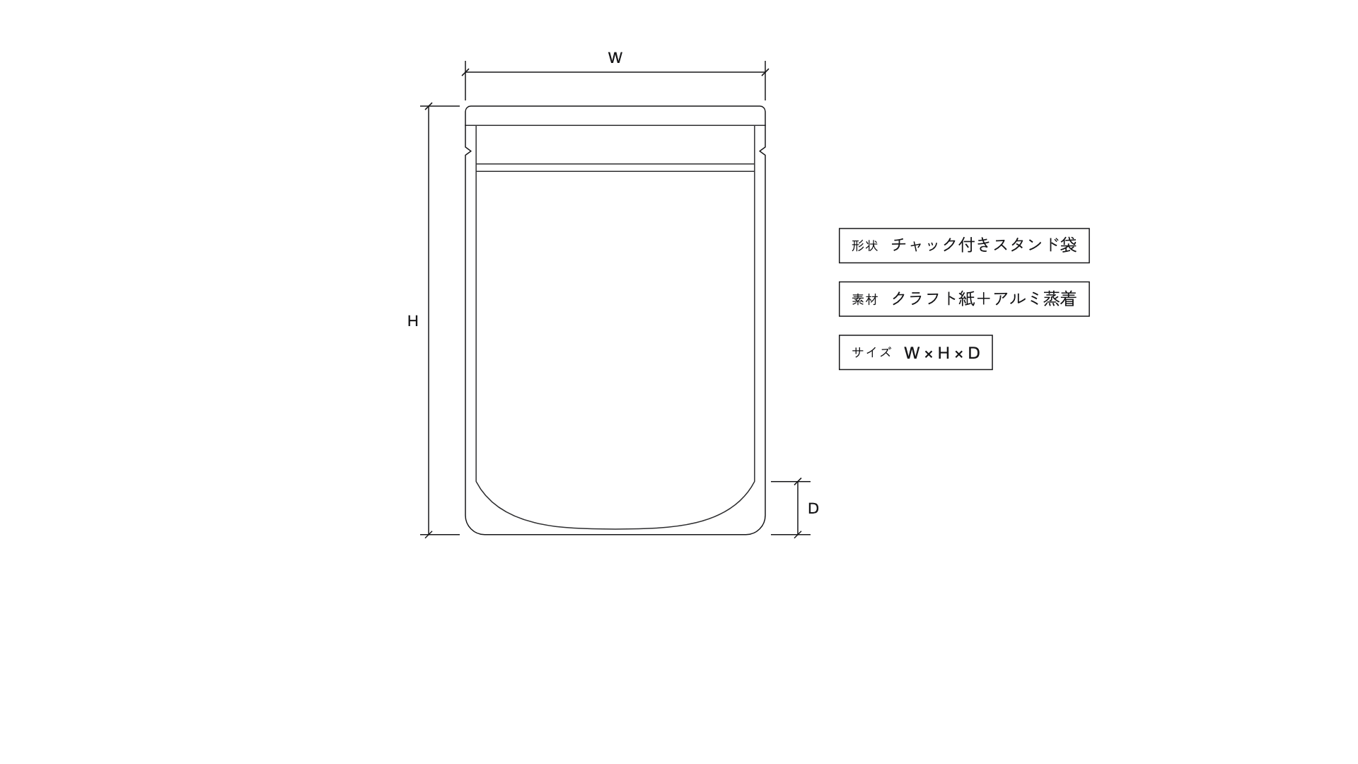 白地に、袋（軟包装）の輪郭と寸法線、仕様の札が描かれた画面