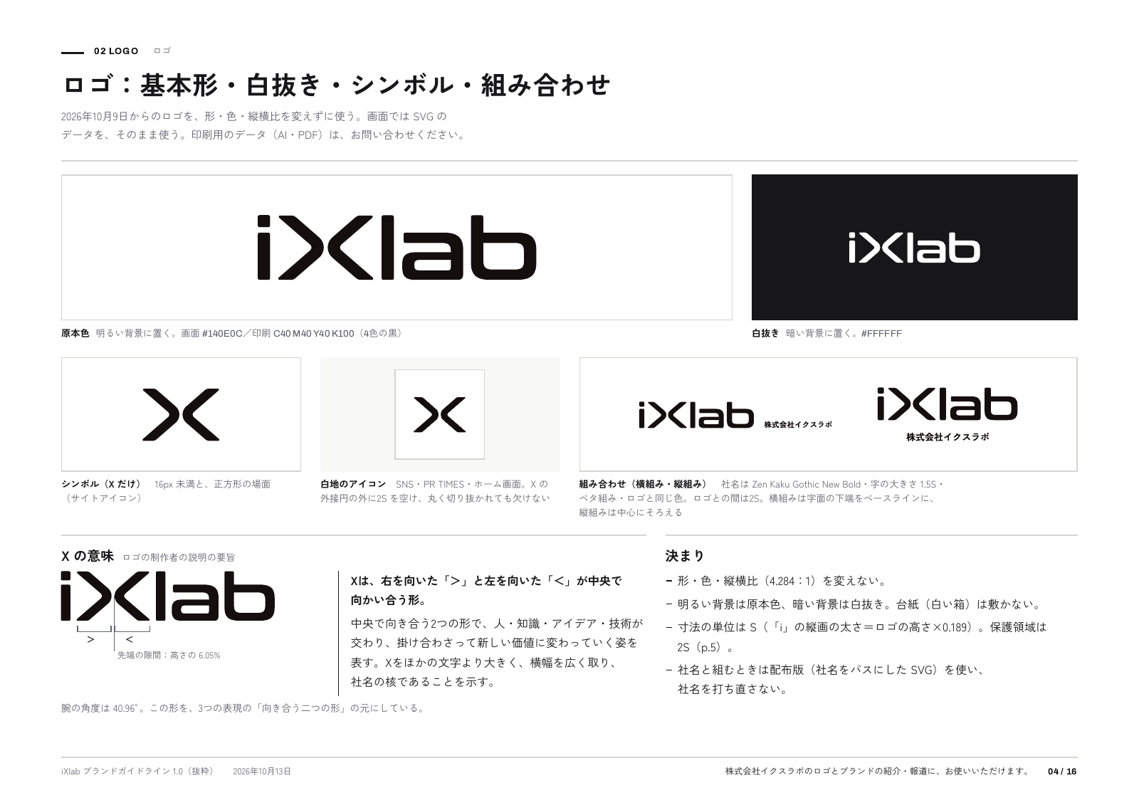ロゴ：基本形・白抜き・シンボル・組み合わせ（ガイドラインの4ページ目）