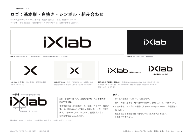 4ページ：ロゴ：基本形・白抜き・シンボル・組み合わせ
