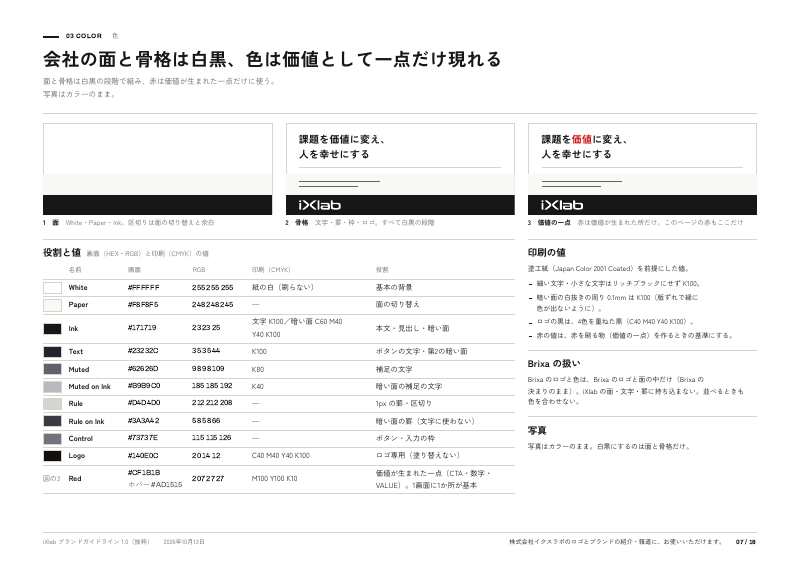 7ページ：会社の面と骨格は白黒、色は価値として一点だけ現れる